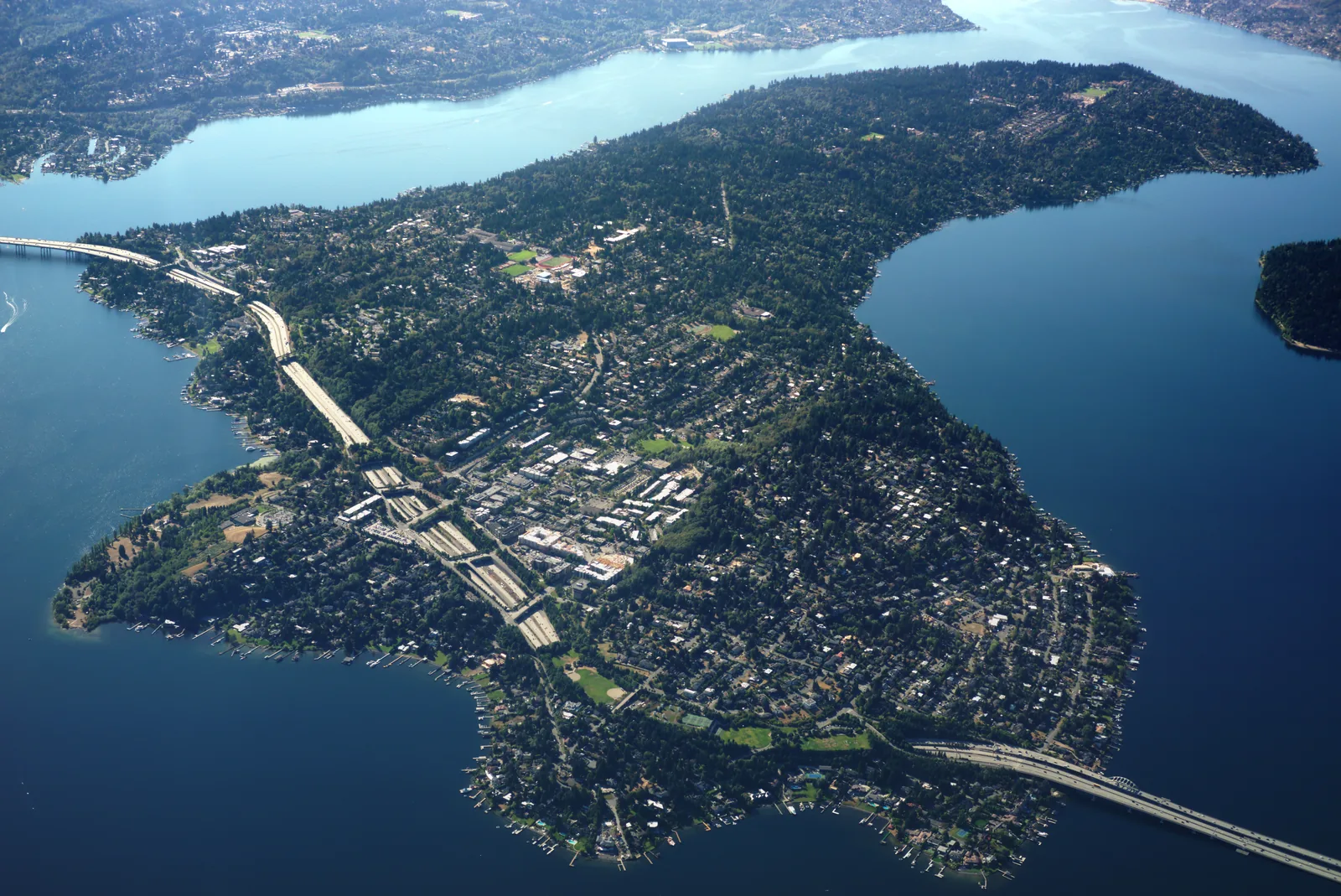 Mercer Island real estate guide featuring Aerial view of Mercer Island and its Lake Washington shoreline